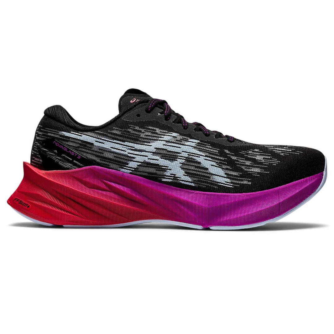 Asics Novablast 3 Preto com Roxo e vermelho