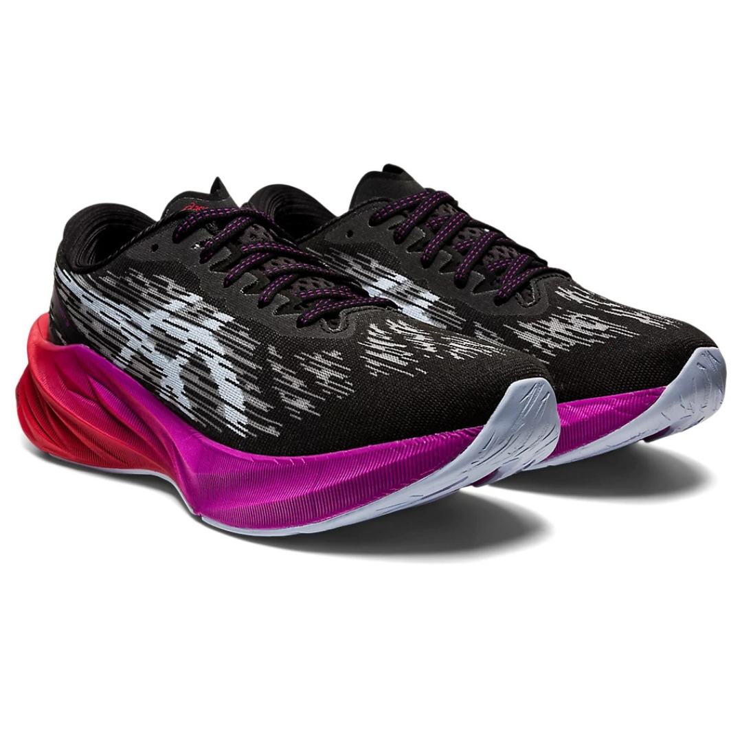 Asics Novablast 3 Preto com Roxo e vermelho