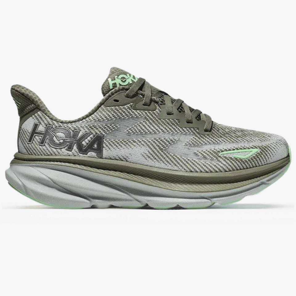 Hoka Clifton 9 – Cinza/Verde
